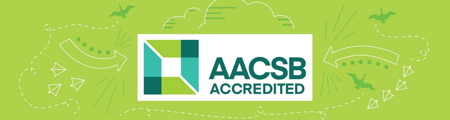 The AACSB logo against a lime green background, surrounded by lineart graphic icons