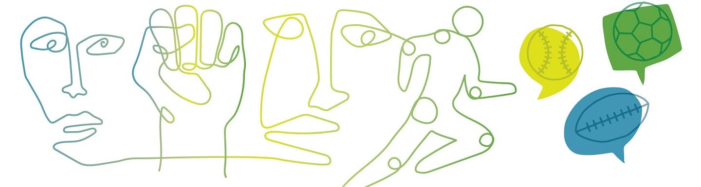 Line drawing of faces, a running figure, and a closed fist