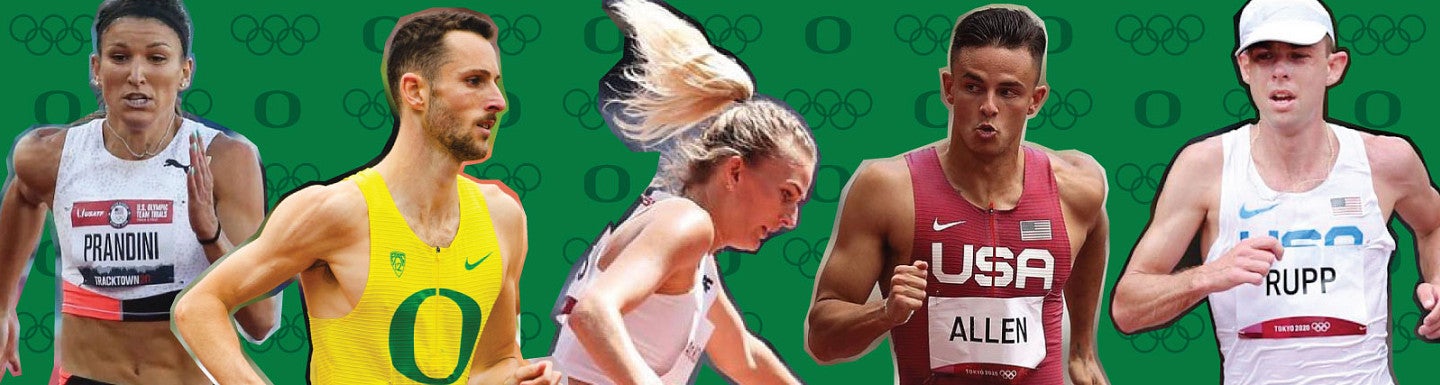 Cut out photos of Olympians Jenna Prandini, Charlie Hunter, Aneta Konieczek, Devon Allen, and Galen Rupp against a green background with UO and Olympic logos