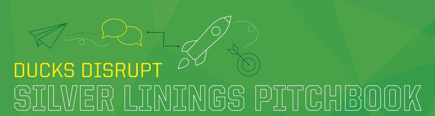 Illustration with the words Ducks Disrupt Silver Lining Pitchbook overlaid on a green background in yellow with line art of a rocket ship, chat bubbles, and a bullseye target