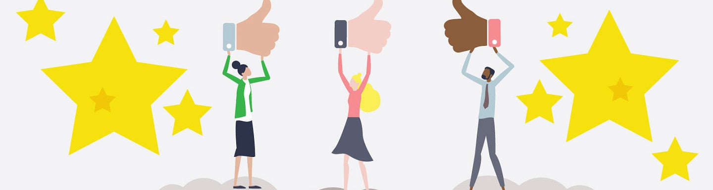 Digital art of three people holding thumbs up emojis above their heads