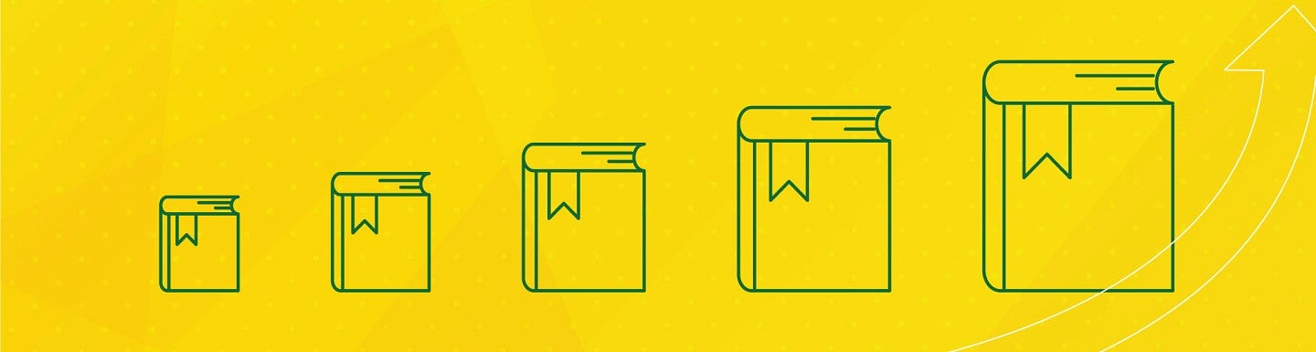 Green line illustration of books on a yellow background