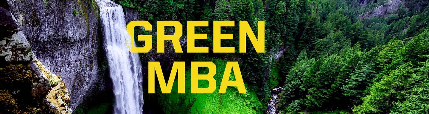 The words Green MBA against a background photo of a forest