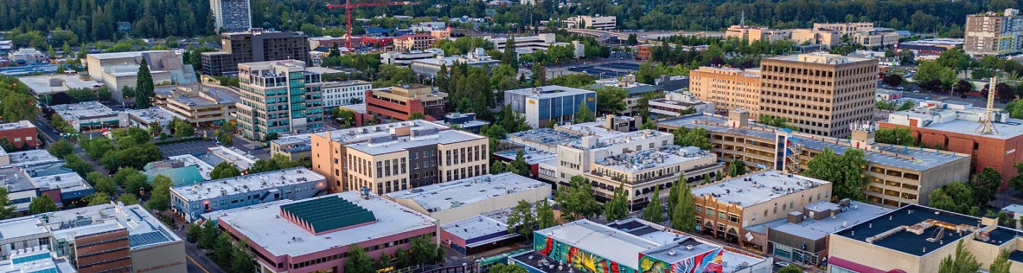 An aerial photo of downtown Eugene