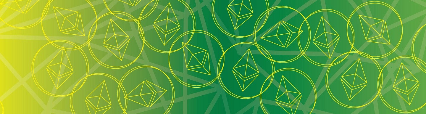 Yellow geometric design representing bitcoin on green backdrop