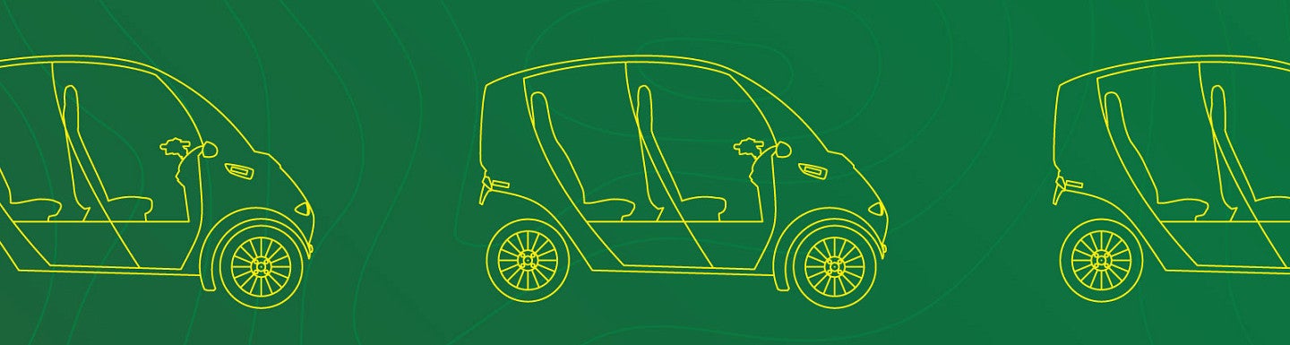 Yellow lineart of an arcimoto car against a dark green background