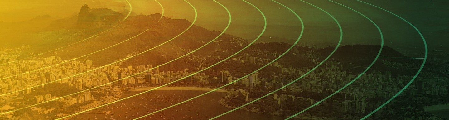 An panorama of Rio de Janeiro superimposed over the image of a track