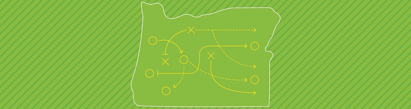 Lineart of Oregon state against a bright green background
