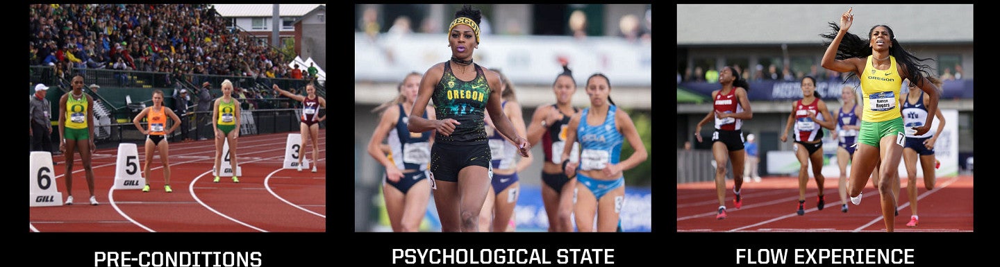 Image depicting track star Raevyn Rogers in pre-condition, psychological, and flow experience states