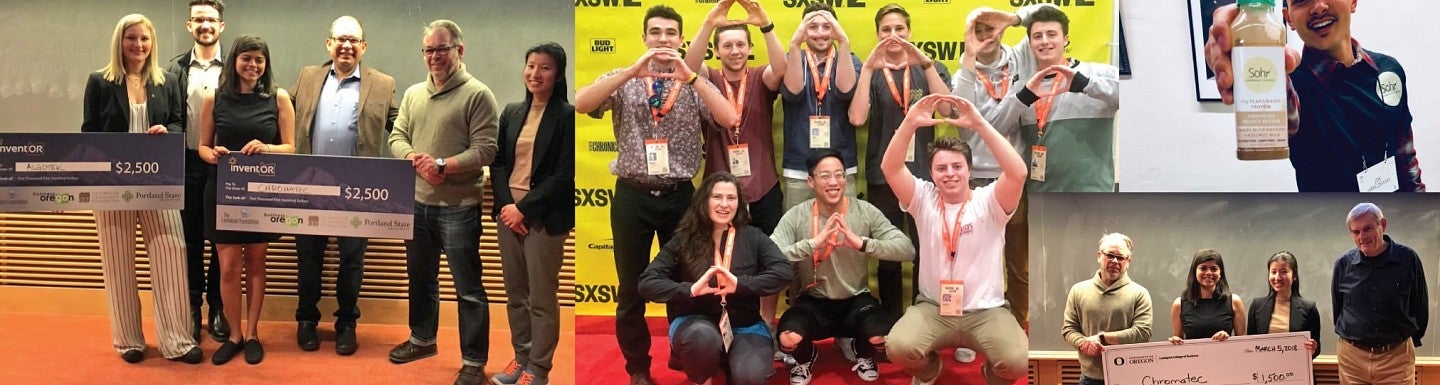 Collage of photos showing startups Chromatec, Algotek and, Sohr and students throwing the O at SXSW