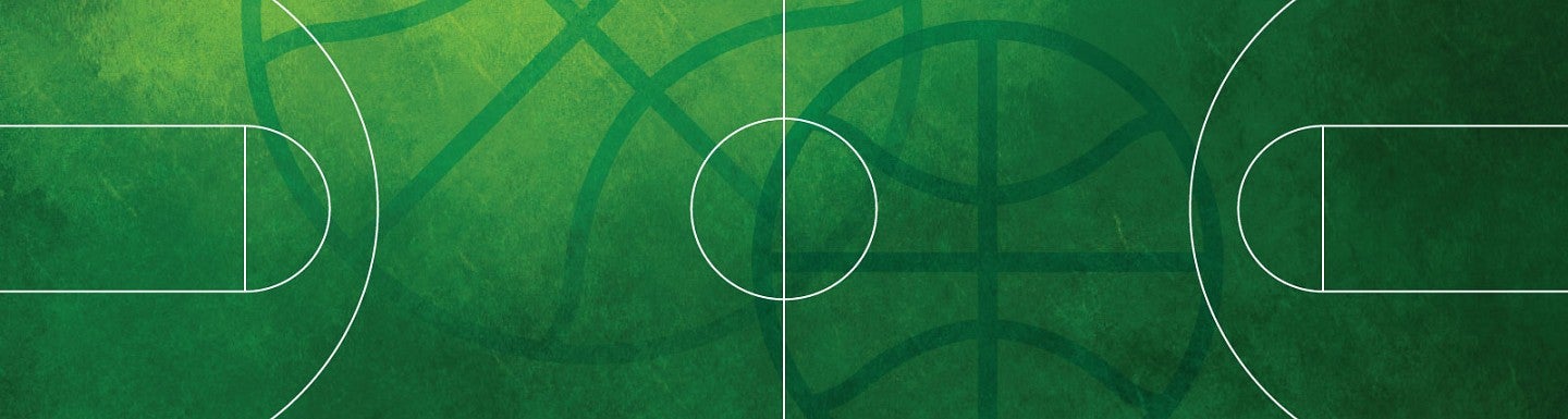 Line drawing of a basketball court in white against a green background