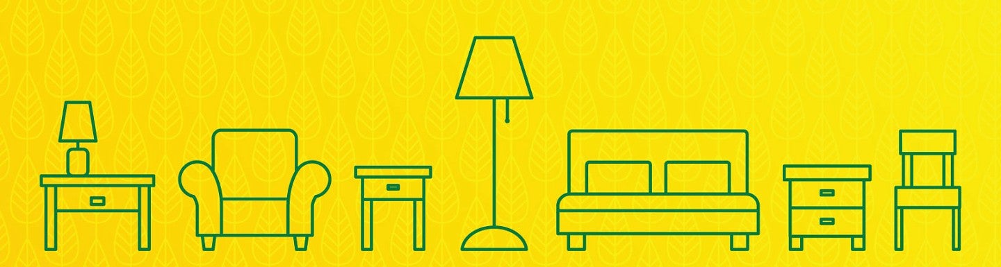 Green lineart of furniture against a yellow patterned background