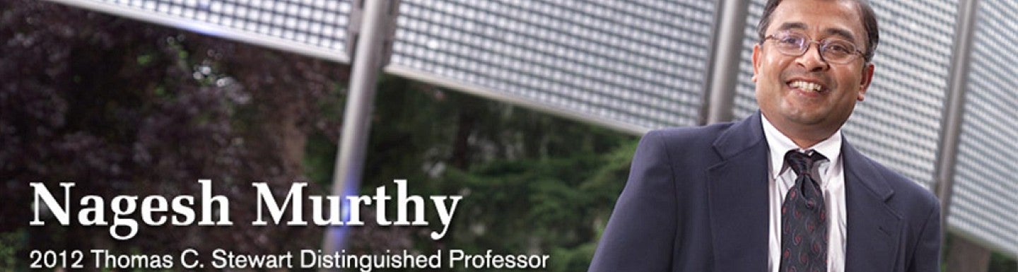 Photo of Nagesh Murthy in a suit standing in front of the wind fence art work on the University of Oregon campus