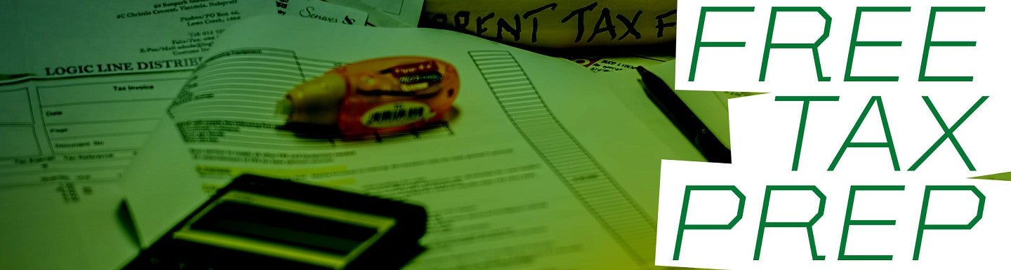 "Free Tax Prep" against background of tax documents