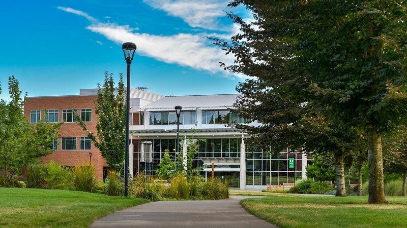 The Library and Learning Center on UO's northeast Portland campus on a sunny spring day