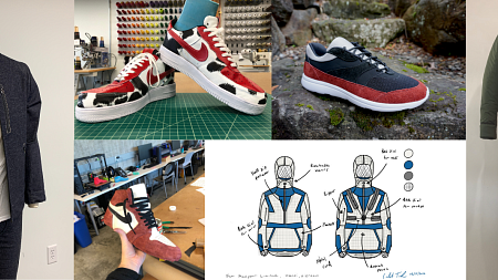 A collage of sports products made by SPM students, including a rain jacket, cow print athletics shoes, and a thick-soled running shoe.