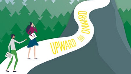 Illustration of two people holding documents at the bottom of a mountain path looking up towards a yellow flag with an O on it at the end of the path and trees behind the mountain.