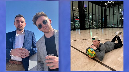 Collage of four photos from the MansionTok TikTok accounting showing the two alumni in at the Portland Trailblazers arena, holding drinks while in the sun and in suits and sunglasses, laying on a basketball court, and standing in front of a media logoed backdrop