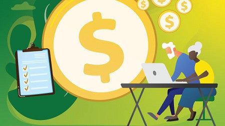 Illustration graphic with a large dollar sign in a circle that looks like a coine with two people off to the side sitting at a desk and leaning over a laptop computer appearing contemplative