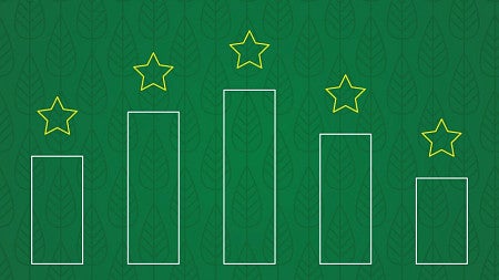 Illustration showing five bars of a bar graph with stars above each bar in line art style in white and yellow on a green background