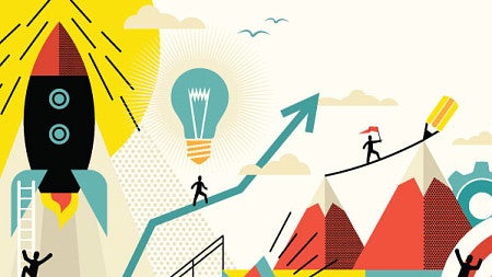 Illustration line art collage in multiple colors showing people climbing ladders, walking up a graph, standing on an arrow hitting a bulls-eye. Other graphics included mountains, a stairway, a bull horn, a rocket ship, clouds, and birds.