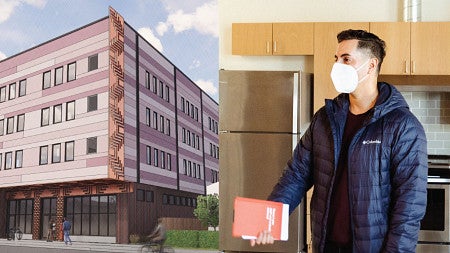 Collage of three images with two images of four story apartment buildings on right and left side of the image and a picture of Oscar Arana in the middle image wearing a n-95 mask while showing people on of the apartments.