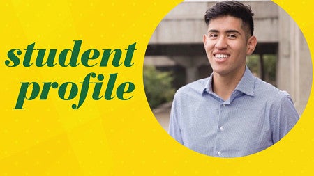 Circular portrait photo of Ernesto Buendia Hernandez in the middle of a yellow background with the words "Student Profile" to the left of his image