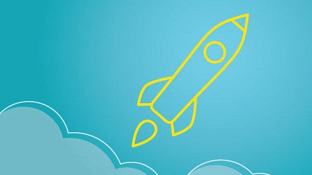 Illustration image showing a line art rocket in yellow breaking through the clouds on a light blue background