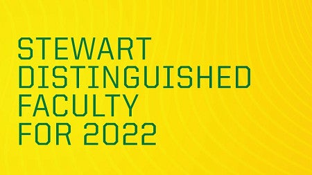 Circular photo of Lauren Lanahan to the left of the words "Stewart Distinguished Faculty for 2022" in large green letters on a yellow background