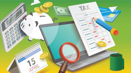 Illustrative collage with many accounting and money items, including a piggy bank, a calendar set to the date of April 15, a tax form, a calculator, a pencil, a coffee cup, some coins, a laptop, a credit card, and a magnifying glass