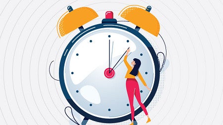 Illustration of a women trying to move the hour hand on an large alarm clock forward an hour