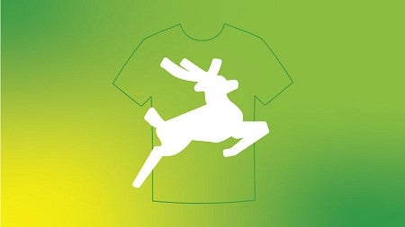 Outline of a t-shirt behind Portland's jumping stag mascot