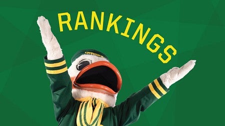 Photo of the University of Oregon's Duck mascot with the word "Rankings" between its outspread hands.