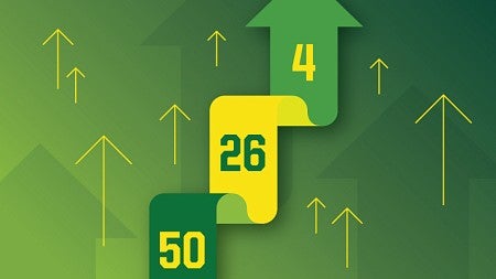 Simple digital art of a ribbon-link arrow pointing upward and bearing the numbers of new rankings: 50, 26, and 4.
