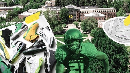 Digital collage of images of Garren Strong as a UO football player, Nike shoes, and a football against the backdrop of an aerial photo of the Lillis Business Complex