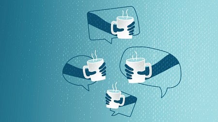 Digital art of four arms, each with a mug of coffee in hand, appearing from within individual speech bubbles.