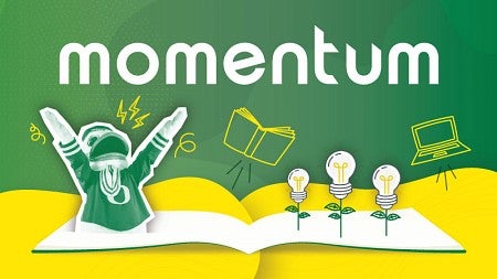 Digital collage of the UO Duck mascot appearing to jump out of an open book underneath the word "Momentum"