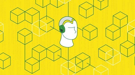Simple digital art of a mannequin head wearing headphones against a backdrop of many cubes.