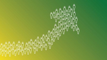 Simple digital line art of many individual people clustered together to form the shape of an upward-pointing arrow.
