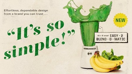 Illustration showing a old-style blender exploding as it mixes with bananas next to it and the text "It's so simple" to the right of it on a parchment paper textured background