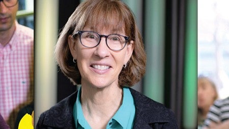 A collage of three side-by-side images of Ellen Schmidt-Devlin helping students, smiling for a portrait, and speaking to a crowd