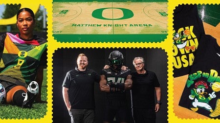 A collage of four photos, starting with the leftmost image and moving clockwise: a UO athlete sits on the grass with a soccer ball; the new Matt Knight Arena court floor design; folded t-shirts with some UO Ducks designs; Quinn Van Horne (left) and his father Todd Van Horne (right), each with a hand on the shoulder of a football player (center).