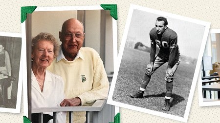 A collage of photos of Robert and Braddock, including two from his youth as a UO student and one from present day with wife Lois. A photo of two students using the Braddock Tutoring Center is also included.