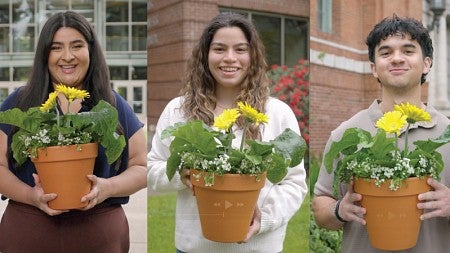 Collage of six business students each holding a flower pot in front of the bricks and windows of the Lillis Business Complex