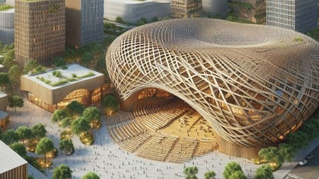 Rendering of concept for Portland's Lloyd Center showing an outdoor music venue partially covered by a bird's nest like structure.