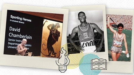 Collage of historical olympic photos with screen captures of video from presentations during UO Olympics Studies Week