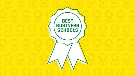 Simple digital art of an award ribbon with the text "Best Business Schools" in the center