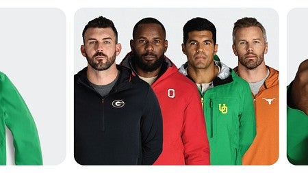 A collage of photos of people modeling rain jackets in different colors