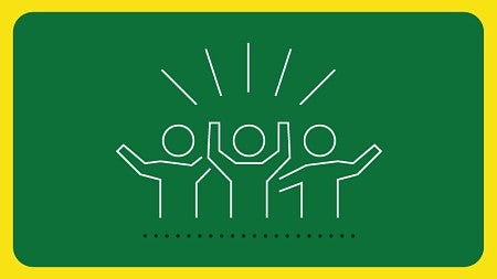 Simple digital icons of a graduation cap, three people with their hands in the air, and the state of Oregon