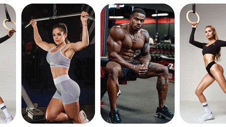 A collage of staged photos of fitness influencers working with equipment